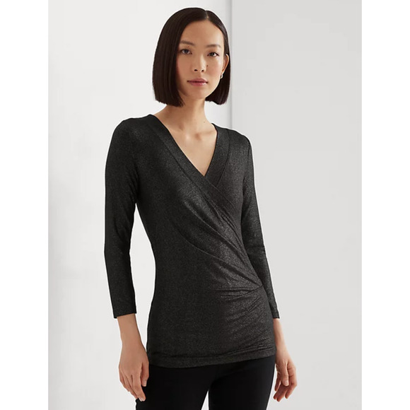 Lauren Ralph Lauren Women Metallic Jersey Surplice Top Black Size S - Picture 1 of 2